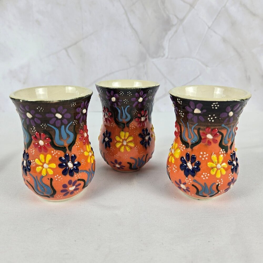 Set of 3 Turkish Tea Cups Orange with Multicolor Flowers Glazed Colorful